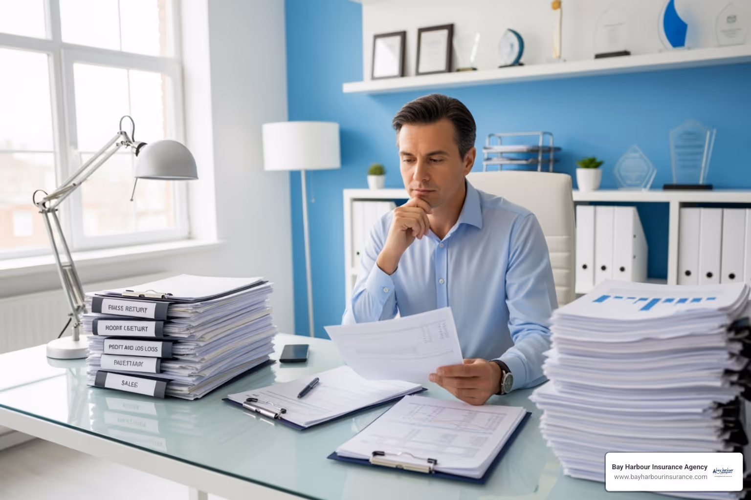 A business owner sits at a desk, looking thoughtful, surrounded by organized stacks of documents including tax returns, profit and loss statements, and sales records. The scene is set in a calm, organized office with a blue and white color scheme, suggesting preparation and clarity. - in a business owners policy business income coverage, with Bay Harbour Insurance logo in the bottom-left corner