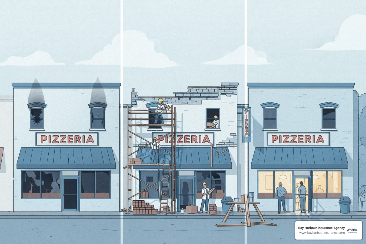 A timeline illustration showing a pizzeria fire incident, followed by a 72-hour waiting period, then a period of restoration with repairs, the business reopening, and finally, an extended coverage period. The scene depicts a Long Island pizzeria with a blue and white color palette, indicating recovery and rebuilding. - in a business owners policy business income coverage, with Bay Harbour Insurance logo in the bottom-left corner