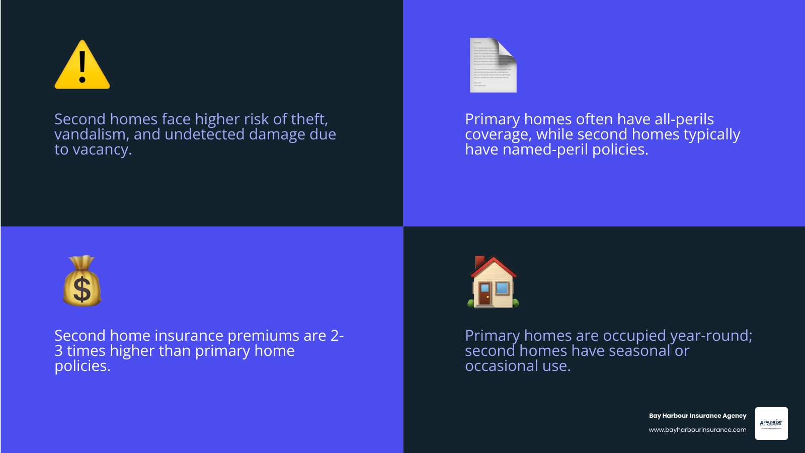 Infographic showing comparison between primary home insurance (lower risk, all-perils coverage, lower premiums, occupied year-round) versus second home insurance (higher risk due to vacancy, often named-perils coverage, 2-3x higher premiums, seasonal or occasional use) with visual icons representing each key difference - best homeowners insurance for second home infographic 4_facts_emoji_blue