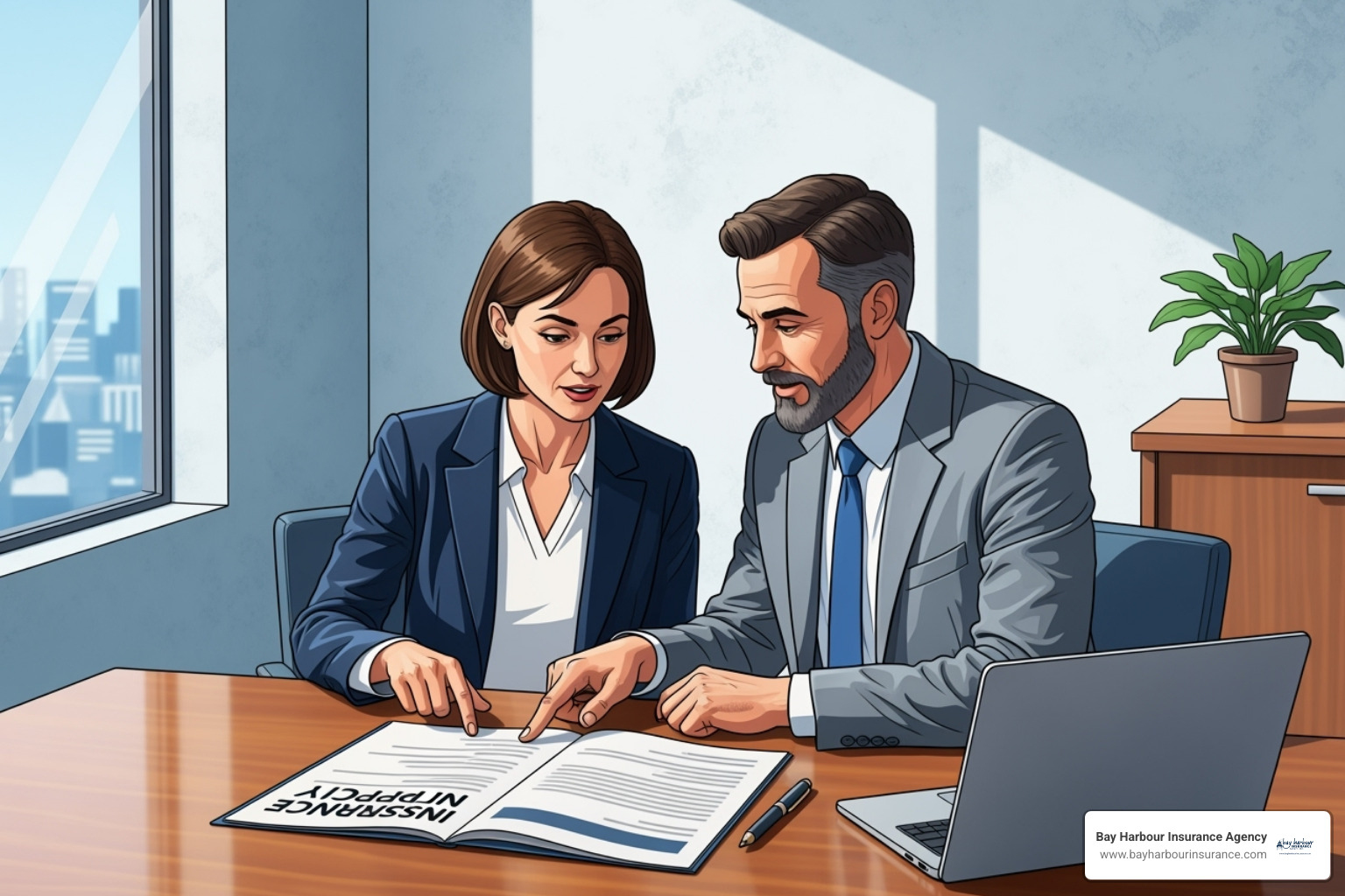Image of a business owner reviewing their insurance policy with an agent in an office setting - coverage a business owners policy Image of a business owner reviewing their insurance policy with an agent in an office setting - coverage a business owners policy
