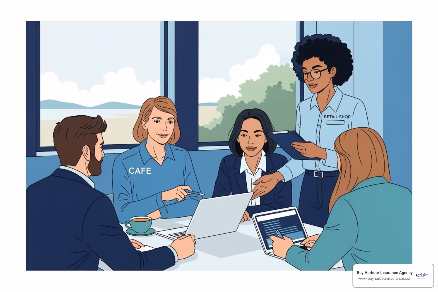 Image of diverse small business owners (e.g., a cafe owner, a retail shop manager, an accountant) discussing plans - coverage a business owners policy