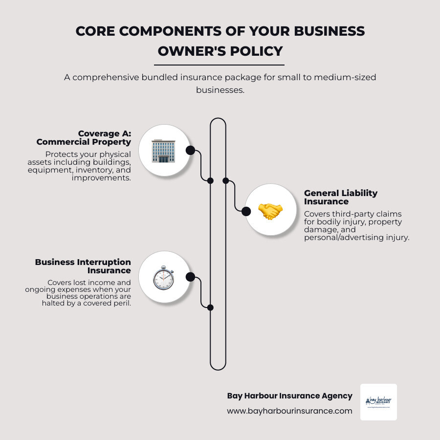 Infographic showing the three main components of a Business Owner's Policy: Coverage A (Commercial Property Insurance protecting buildings, equipment, and inventory), General Liability Insurance (protecting against third-party claims), and Business Interruption Insurance (covering lost income during closures), with icons representing each coverage type and examples of what each protects - coverage a business owners policy infographic infographic-line-3-steps-neat_beige Infographic showing the three main components of a Business Owner's Policy: Coverage A (Commercial Property Insurance protecting buildings, equipment, and inventory), General Liability Insurance (protecting against third-party claims), and Business Interruption Insurance (covering lost income during closures), with icons representing each coverage type and examples of what each protects - coverage a business owners policy infographic infographic-line-3-steps-neat_beige