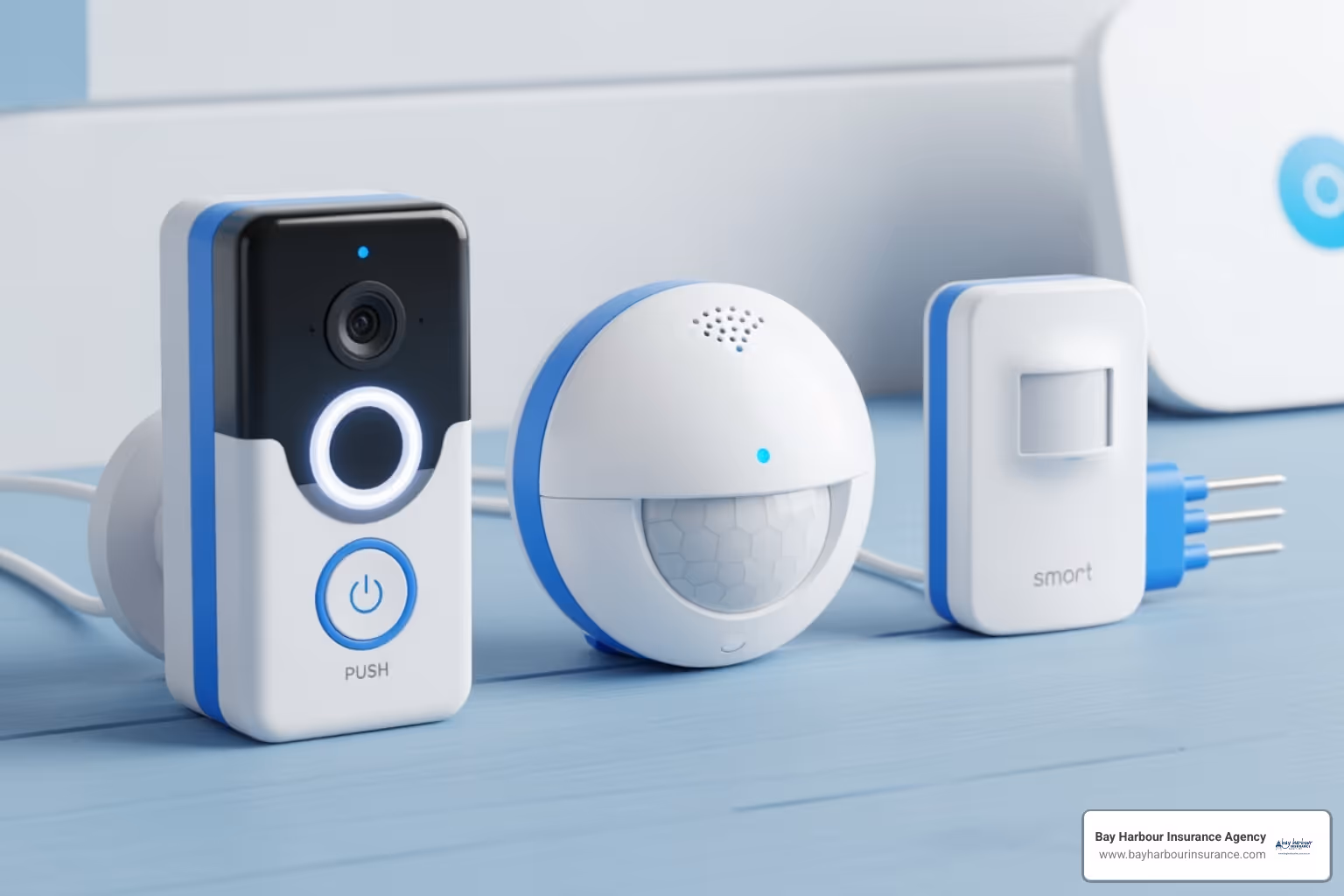 Smart home security devices including a doorbell camera, a motion sensor, and a water leak sensor, with a soothing blue and white color palette - home insurance for second home