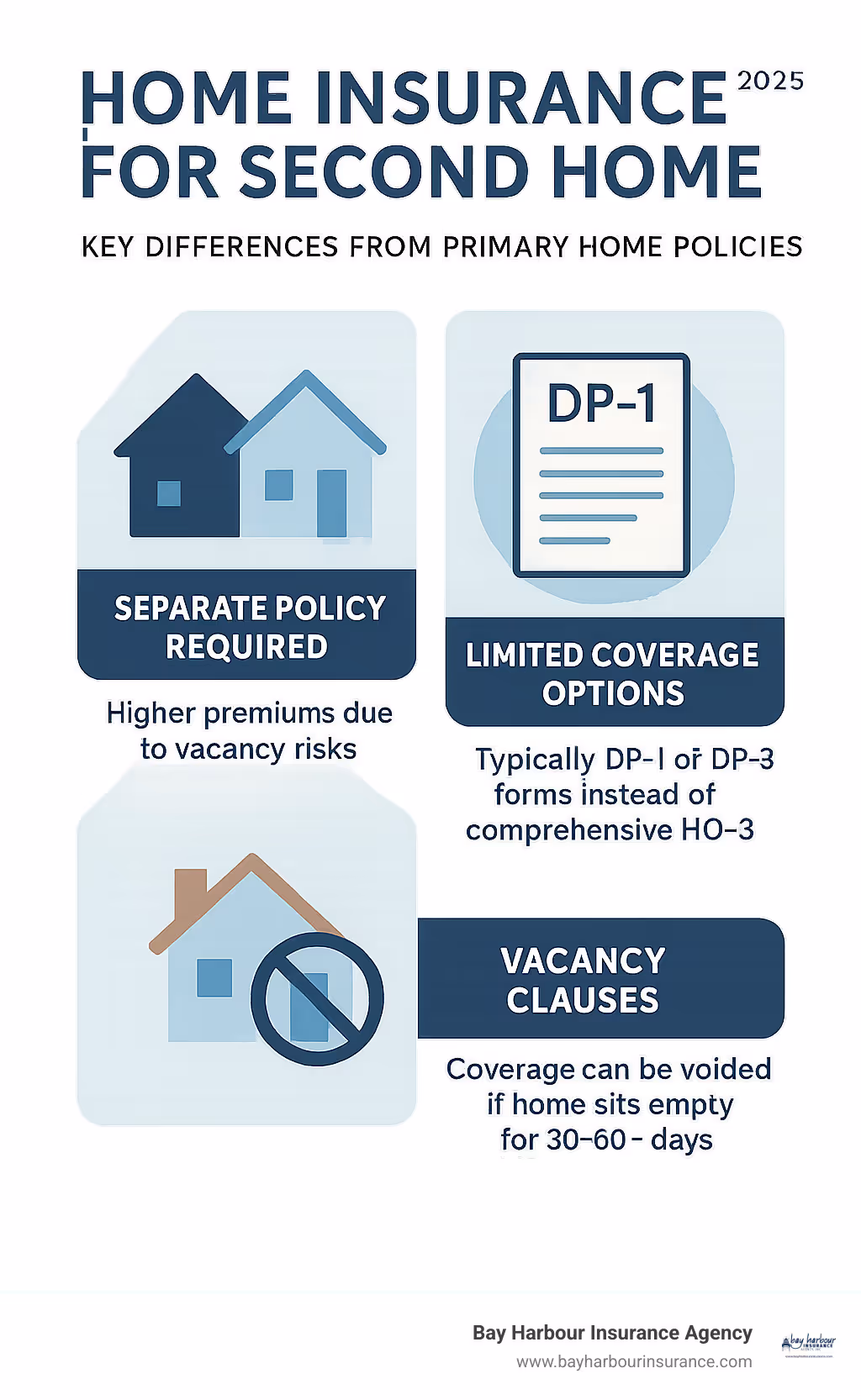 Infographic showing three key differences between primary and second home insurance: 1) Separate policy requirement with higher premiums due to vacancy risks, 2) Limited coverage options typically using DP-1 or DP-3 forms instead of comprehensive HO-3 policies, 3) Vacancy clauses that can void coverage if home sits empty for 30-60+ days without proper notification - home insurance for second home infographic 