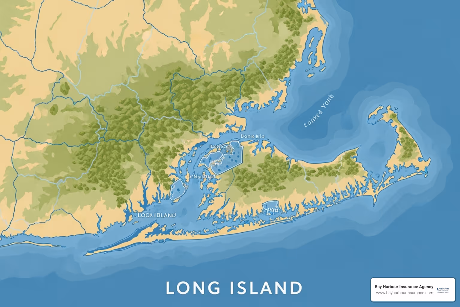 Map highlighting potential high-risk flood zones on Long Island, with shaded areas indicating increased risk - home insurance for second home