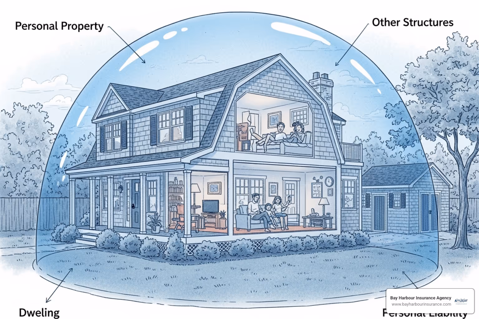 Diagram illustrating core components of a home insurance policy: Dwelling (Coverage A), Other Structures (Coverage B), Personal Property (Coverage C), Loss of Use (Coverage D), and Personal Liability (Coverage E) - home insurance for second home