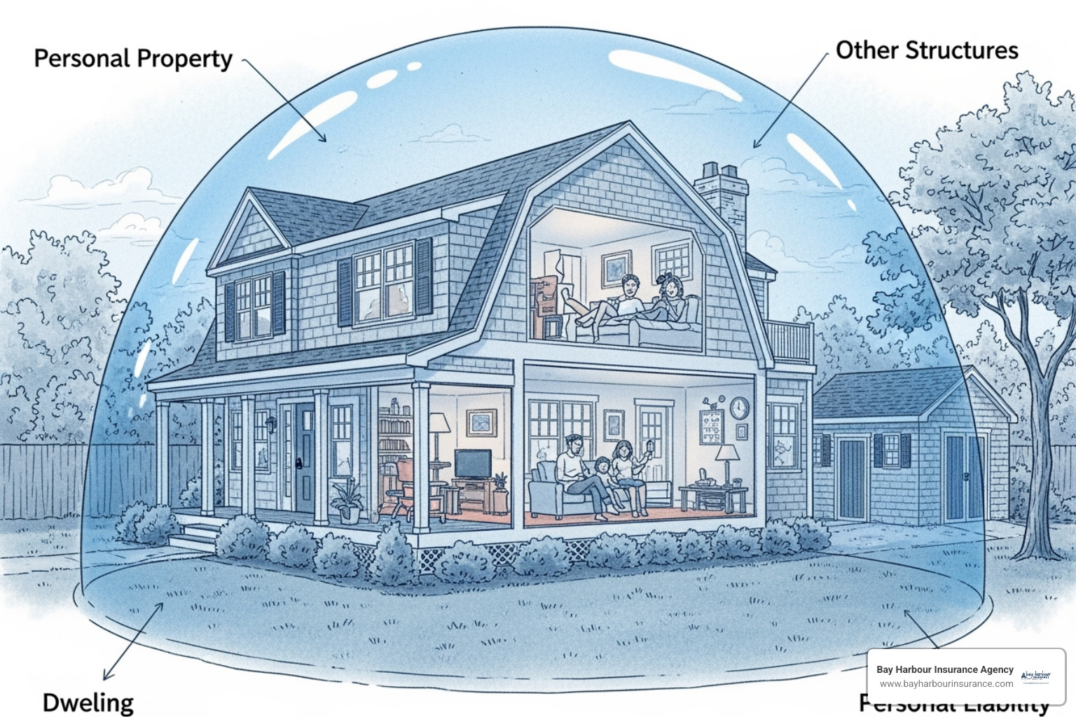 Diagram illustrating core components of a home insurance policy: Dwelling (Coverage A), Other Structures (Coverage B), Personal Property (Coverage C), Loss of Use (Coverage D), and Personal Liability (Coverage E) - home insurance for second home Diagram illustrating core components of a home insurance policy: Dwelling (Coverage A), Other Structures (Coverage B), Personal Property (Coverage C), Loss of Use (Coverage D), and Personal Liability (Coverage E) - home insurance for second home