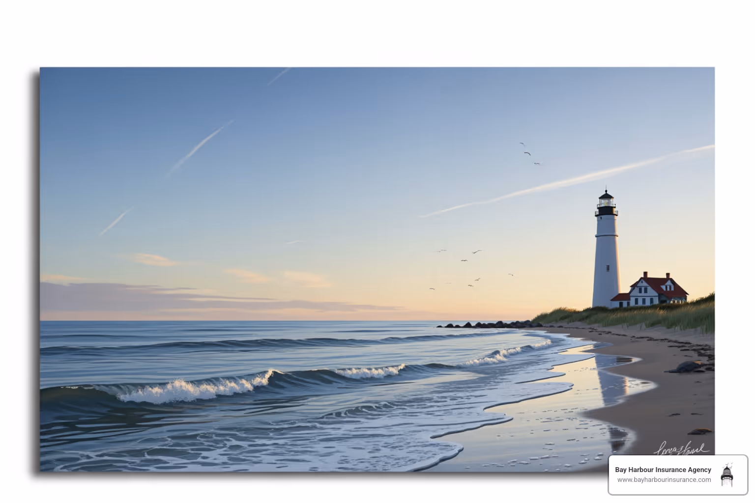 Long Island lighthouse at sunset with calm waves - auto insurance quotation