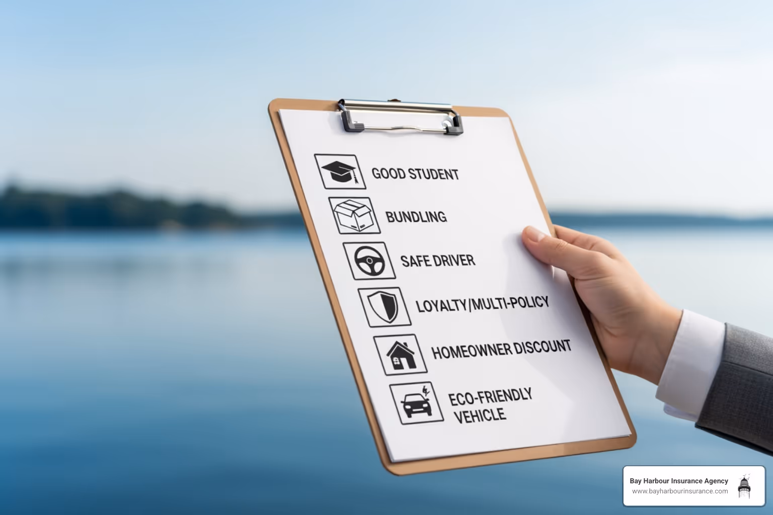 checklist of car insurance discounts like "Good Student" and "Bundling" on a clipboard - auto insurance quotation