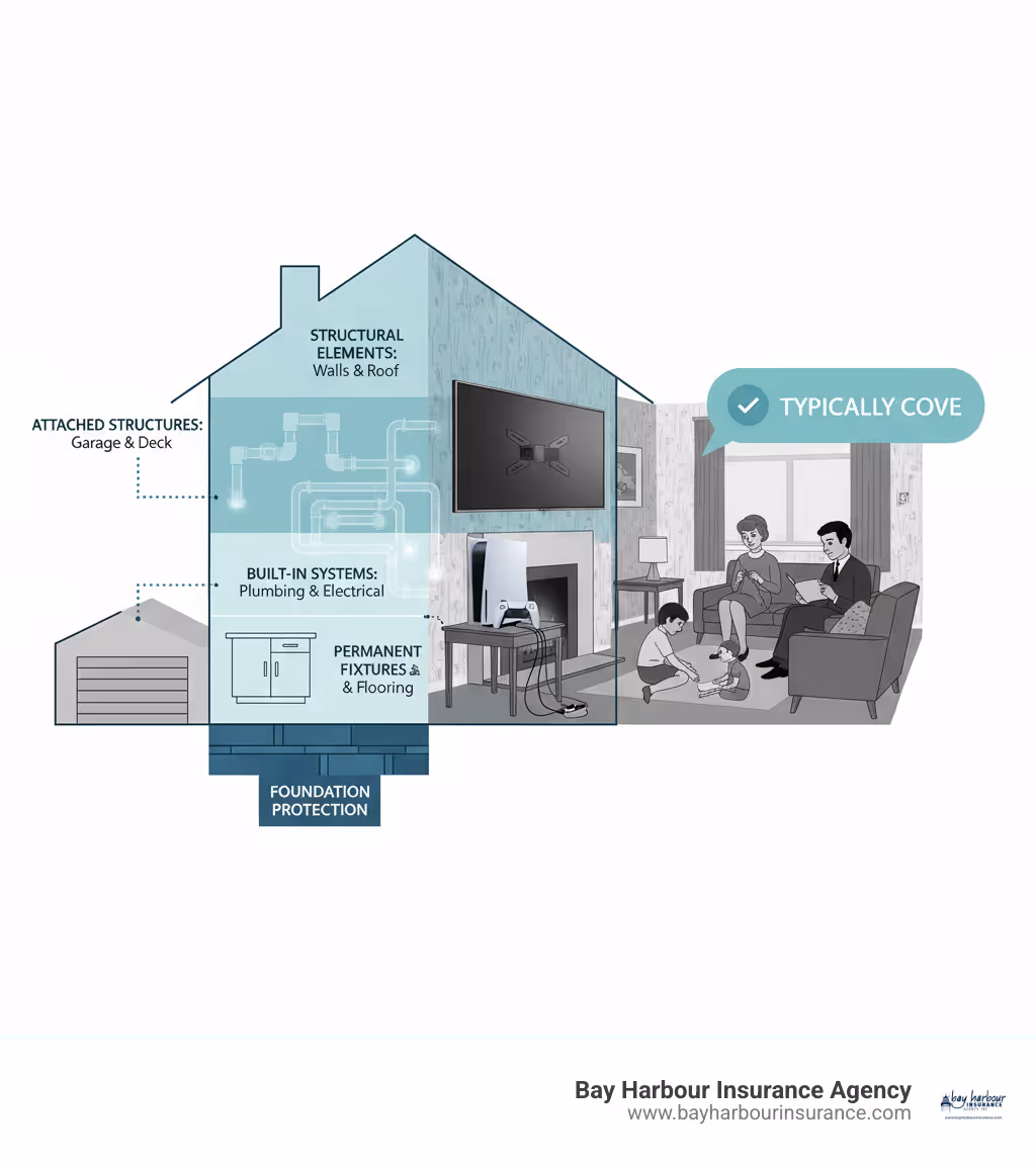 Infographic showing the components of dwelling coverage including foundation protection, structural elements like walls and roof, attached structures such as garages and decks, built-in systems including plumbing and electrical, and permanent fixtures like cabinets and flooring, with callouts indicating what is and isn't covered by standard dwelling insurance policies - dwelling insurance coverage infographic Infographic showing the components of dwelling coverage including foundation protection, structural elements like walls and roof, attached structures such as garages and decks, built-in systems including plumbing and electrical, and permanent fixtures like cabinets and flooring, with callouts indicating what is and isn't covered by standard dwelling insurance policies - dwelling insurance coverage infographic
