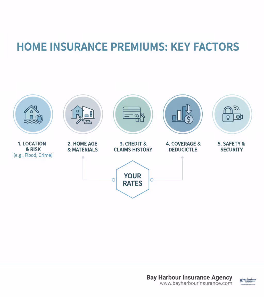 Infographic showing the main factors that influence home insurance premiums including location risk assessment, home age and construction materials, personal credit score and claims history, coverage limits and deductible amounts, and safety features and security systems - affordable house insurance infographic 