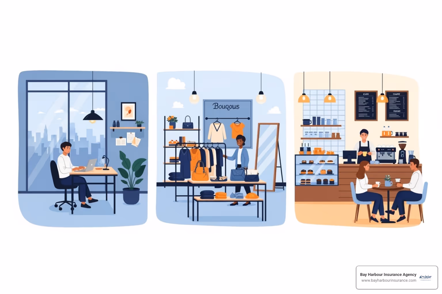 Illustration of diverse small business settings like a small office, a boutique, and a cafe, with the Bay Harbour Insurance Agency logo in the bottom left corner - business owners liability coverage Illustration of diverse small business settings like a small office, a boutique, and a cafe, with the Bay Harbour Insurance Agency logo in the bottom left corner - business owners liability coverage