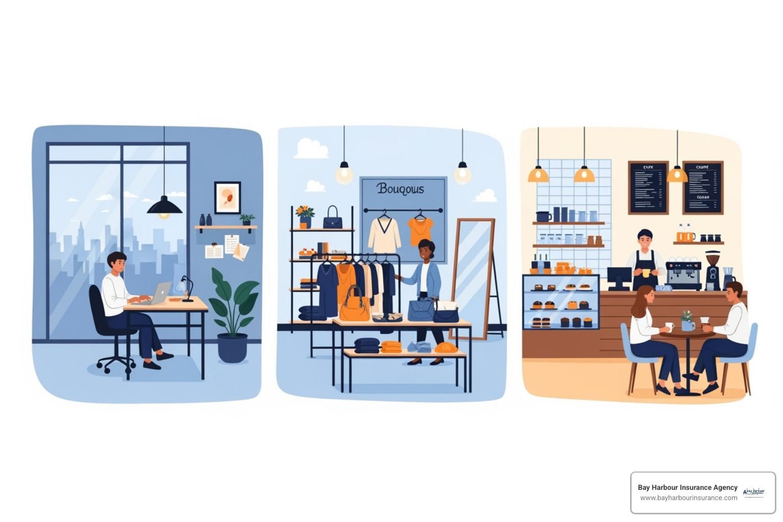 Illustration of diverse small business settings like a small office, a boutique, and a cafe, with the Bay Harbour Insurance Agency logo in the bottom left corner - business owners liability coverage Illustration of diverse small business settings like a small office, a boutique, and a cafe, with the Bay Harbour Insurance Agency logo in the bottom left corner - business owners liability coverage