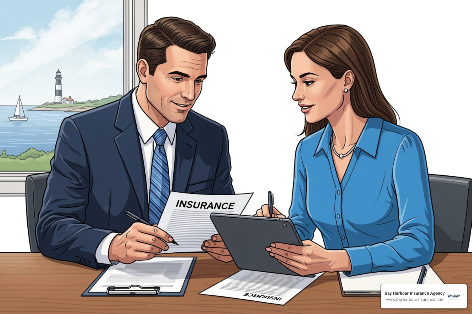 Illustration of an insurance agent consulting with a small business owner over documents, with the Bay Harbour Insurance Agency logo in the bottom left corner - business owners liability coverage Illustration of an insurance agent consulting with a small business owner over documents, with the Bay Harbour Insurance Agency logo in the bottom left corner - business owners liability coverage