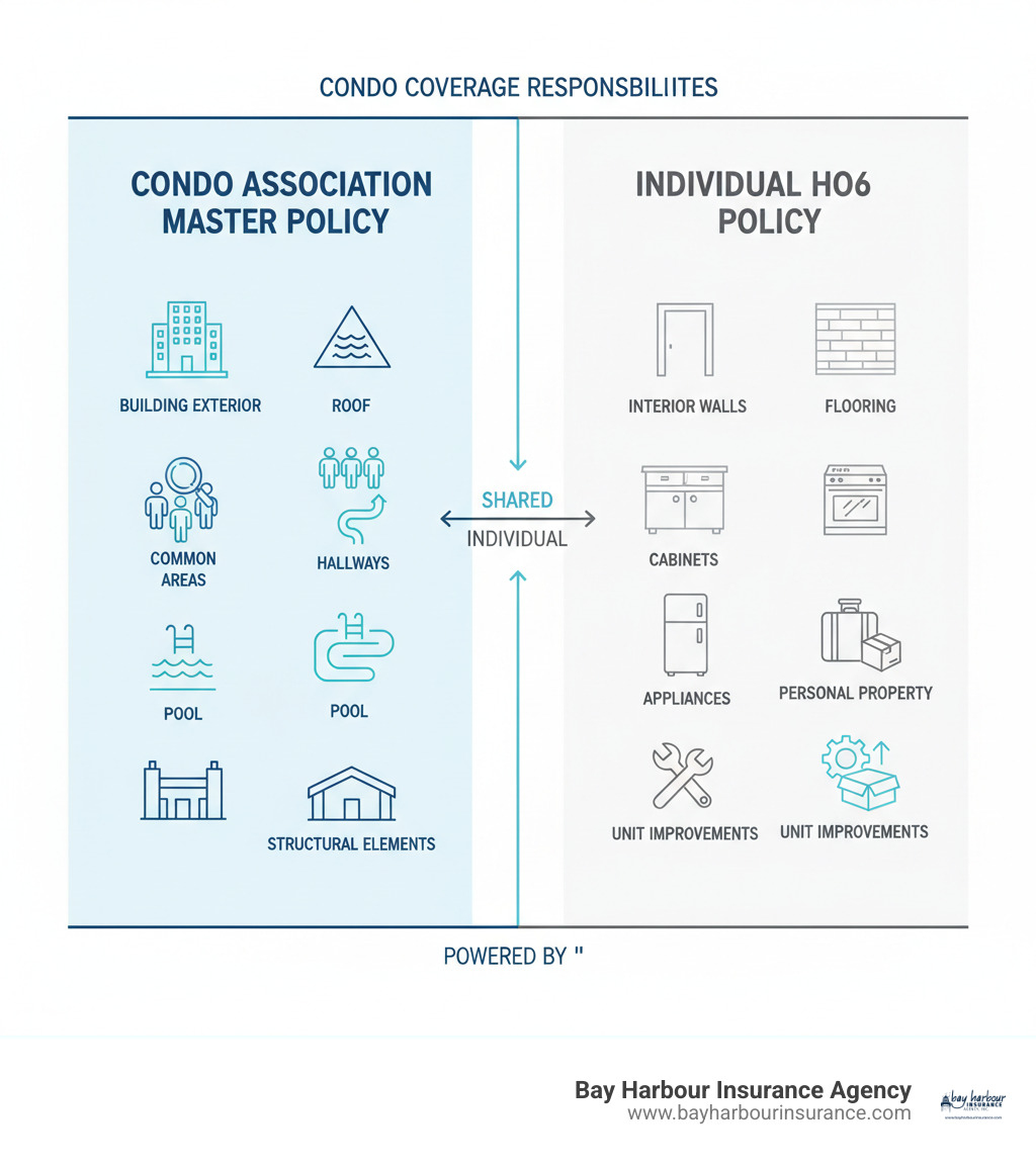 Infographic showing a split-screen comparison of condo building coverage responsibilities: left side displays Condo Association Master Policy coverage including building exterior, roof, common areas, hallways, pool, and structural elements in blue; right side shows Individual HO6 Policy coverage including interior walls, flooring, cabinets, appliances, personal property, and unit improvements in white, with clear dividing line between shared and individual responsibilities - ho6 dwelling coverage infographic 