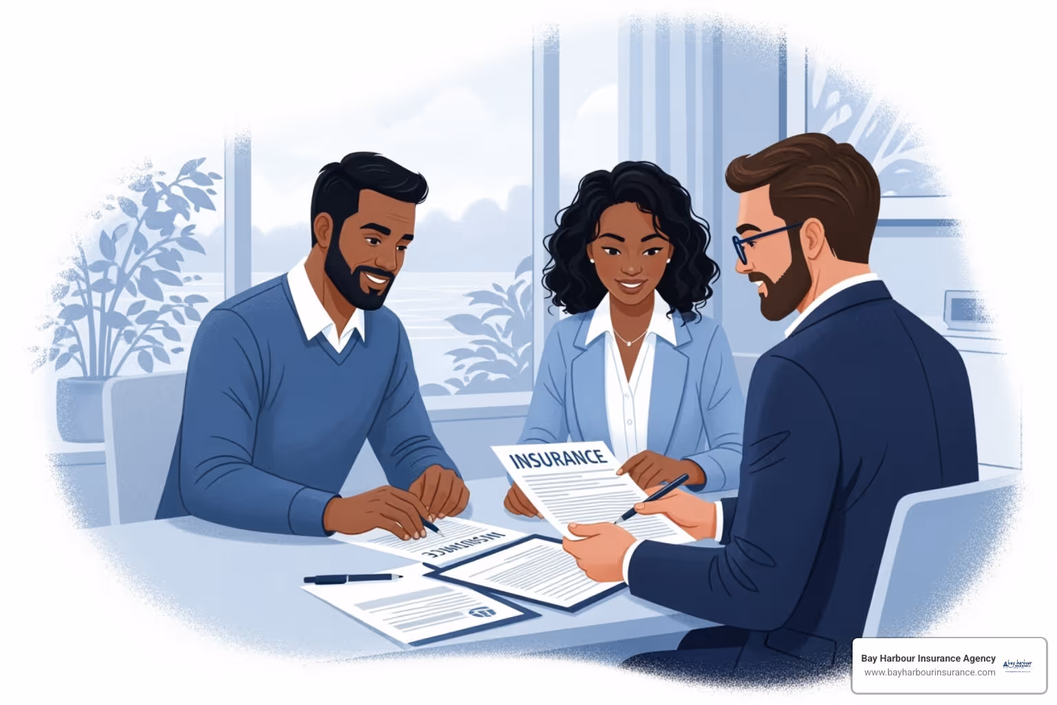 Couple reviewing insurance policy with agent - ho6 dwelling coverage Couple reviewing insurance policy with agent - ho6 dwelling coverage