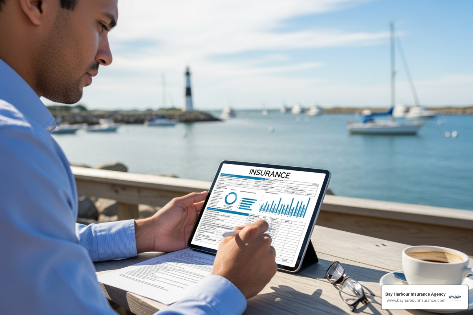 Business owner in Holtsville comparing insurance documents on a tablet - workers comp insurance companies