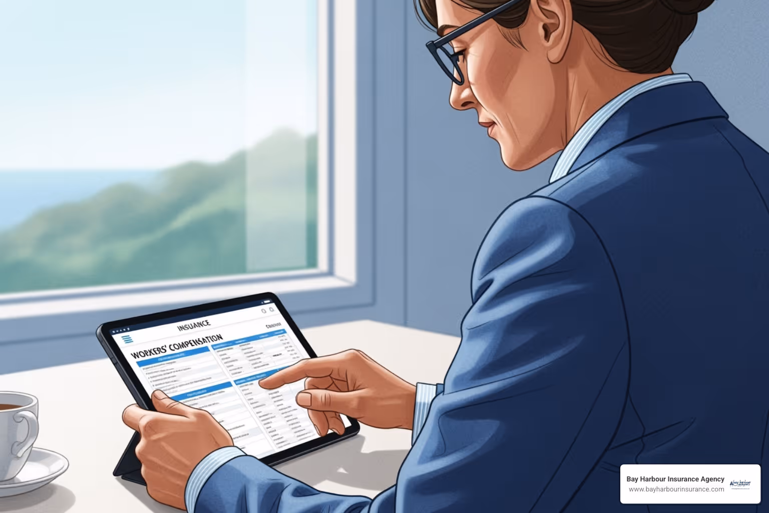 business owner reviewing insurance options on a tablet - workers compensation and disability solution companies business owner reviewing insurance options on a tablet - workers compensation and disability solution companies