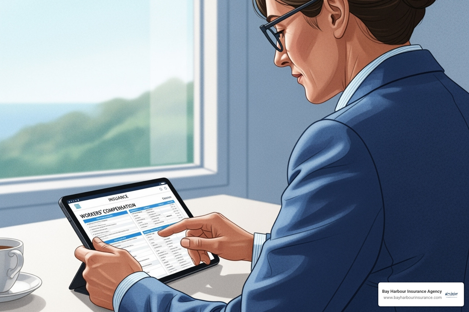 business owner reviewing insurance options on a tablet - workers compensation and disability solution companies