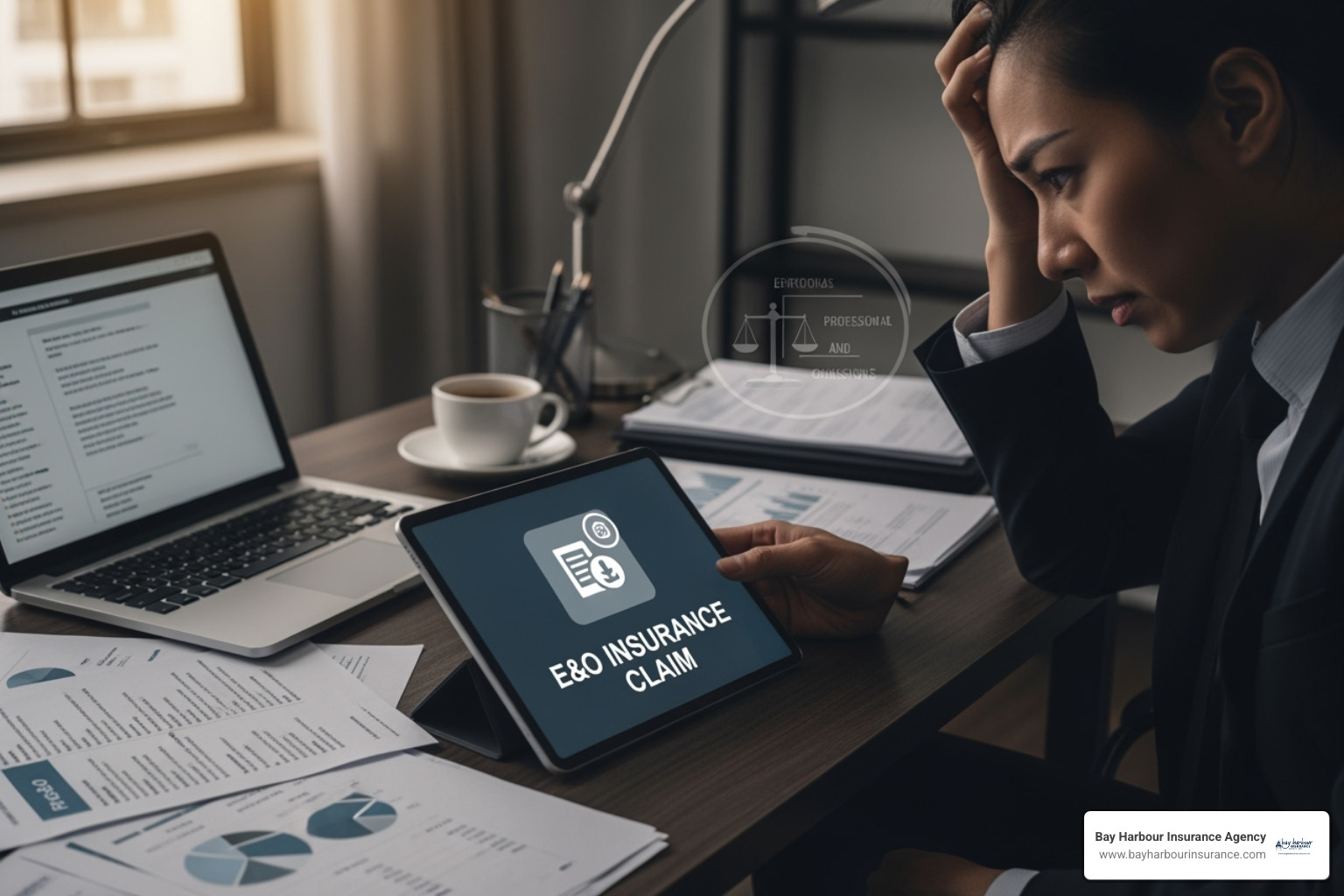 Calculator with icons representing risk factors: industry, business size, location, claims history, coverage limits, deductibles - professional e&o insurance
