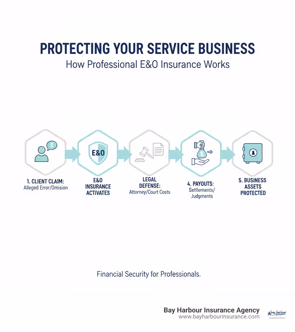 Infographic showing how professional E&O insurance protects service-based businesses: Client makes claim for alleged error or omission → E&O insurance activates → Policy covers legal defense costs including attorney fees and court costs → Policy pays settlements or judgments up to policy limits → Your business assets and personal wealth remain protected - professional e&o insurance infographic Infographic showing how professional E&O insurance protects service-based businesses: Client makes claim for alleged error or omission → E&O insurance activates → Policy covers legal defense costs including attorney fees and court costs → Policy pays settlements or judgments up to policy limits → Your business assets and personal wealth remain protected - professional e&o insurance infographic