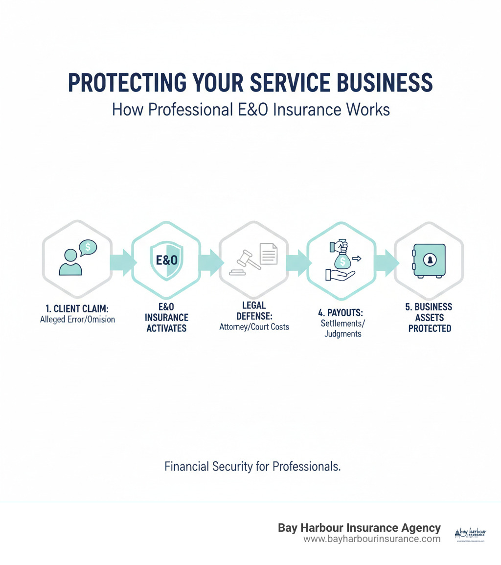 Infographic showing how professional E&O insurance protects service-based businesses: Client makes claim for alleged error or omission → E&O insurance activates → Policy covers legal defense costs including attorney fees and court costs → Policy pays settlements or judgments up to policy limits → Your business assets and personal wealth remain protected - professional e&o insurance infographic 