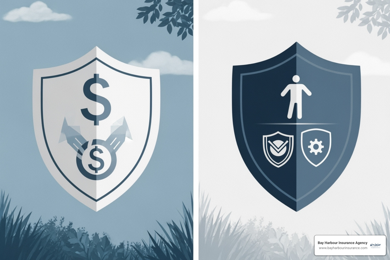 Two shields, one labeled "E&O: Financial Loss" and the other "GL: Physical Damage" - professional e&o insurance