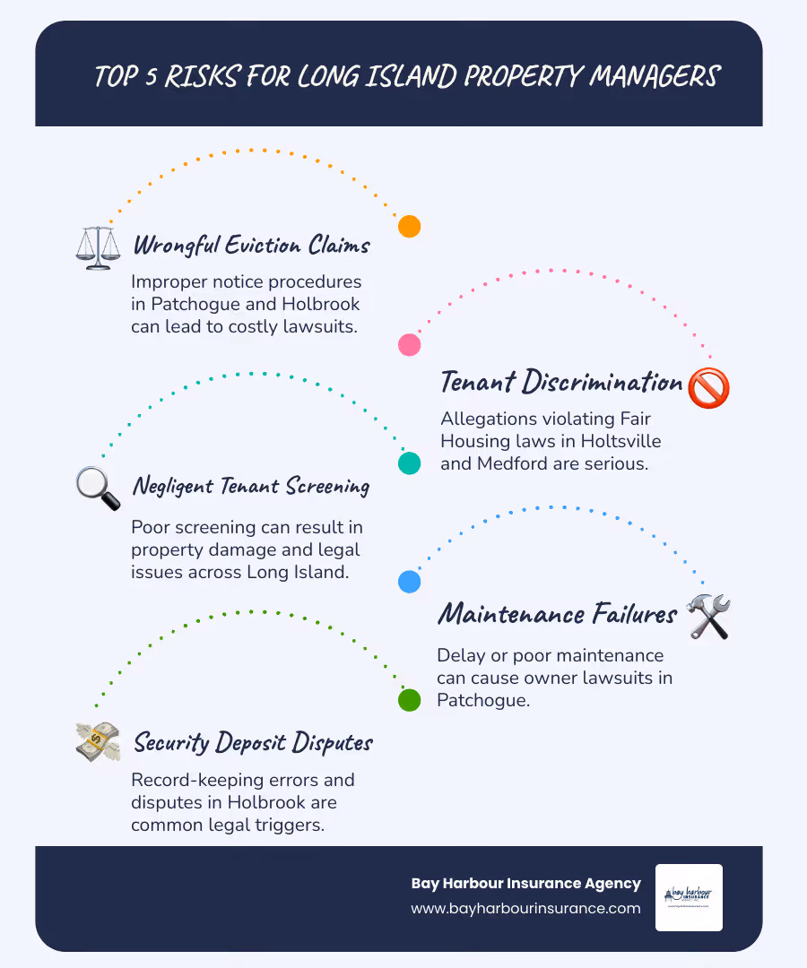 Infographic showing the top 5 risks for Long Island property managers: 1) Wrongful eviction claims from improper notice procedures in Patchogue and Holbrook, 2) Fair Housing discrimination allegations in Holtsville and Medford, 3) Negligent tenant screening leading to property damage across Long Island, 4) Maintenance failures causing owner lawsuits in Patchogue, and 5) Security deposit disputes and record-keeping errors in Holbrook. Each risk shows estimated legal defense costs in New York courts and percentage of claims by type. - Property manager E&O infographic infographic-line-5-steps-blues-accent_colors