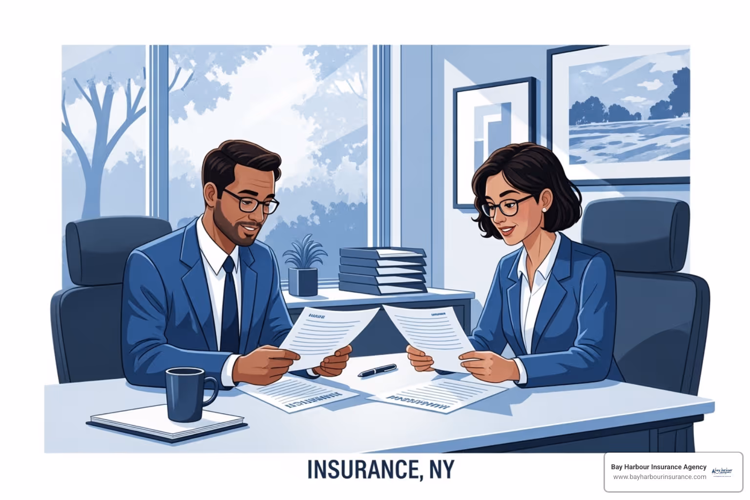 illustration of insurance agents in a meeting in long island