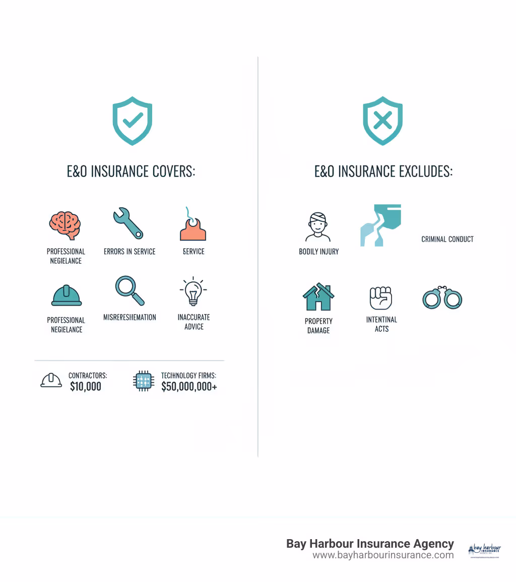 infographic showing E&O insurance coverage including professional negligence, errors in service delivery, misrepresentation, and inaccurate advice versus exclusions like bodily injury, property damage, intentional acts, and criminal conduct, with cost examples from contractors at ten thousand dollars to technology firms at fifty million dollars - E&O claim scenarios infographic 