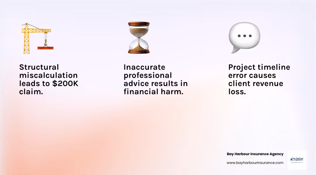 infographic showing three circles: 1) Design Errors and Omissions (showing a cracked foundation with "Structural miscalculation leads to $200K claim"), 2) Project Delays and Cost Overruns (showing a calendar and money symbol with "Timeline error causes client revenue loss"), 3) Inaccurate Professional Advice (showing a consultation scene with "Faulty recommendation results in financial harm"). Title: "Top 3 E&O Risks for Engineers in Patchogue, Holbrook & Holtsville" - cost of errors and omissions insurance for engineers infographic 3_facts_emoji_light-gradient