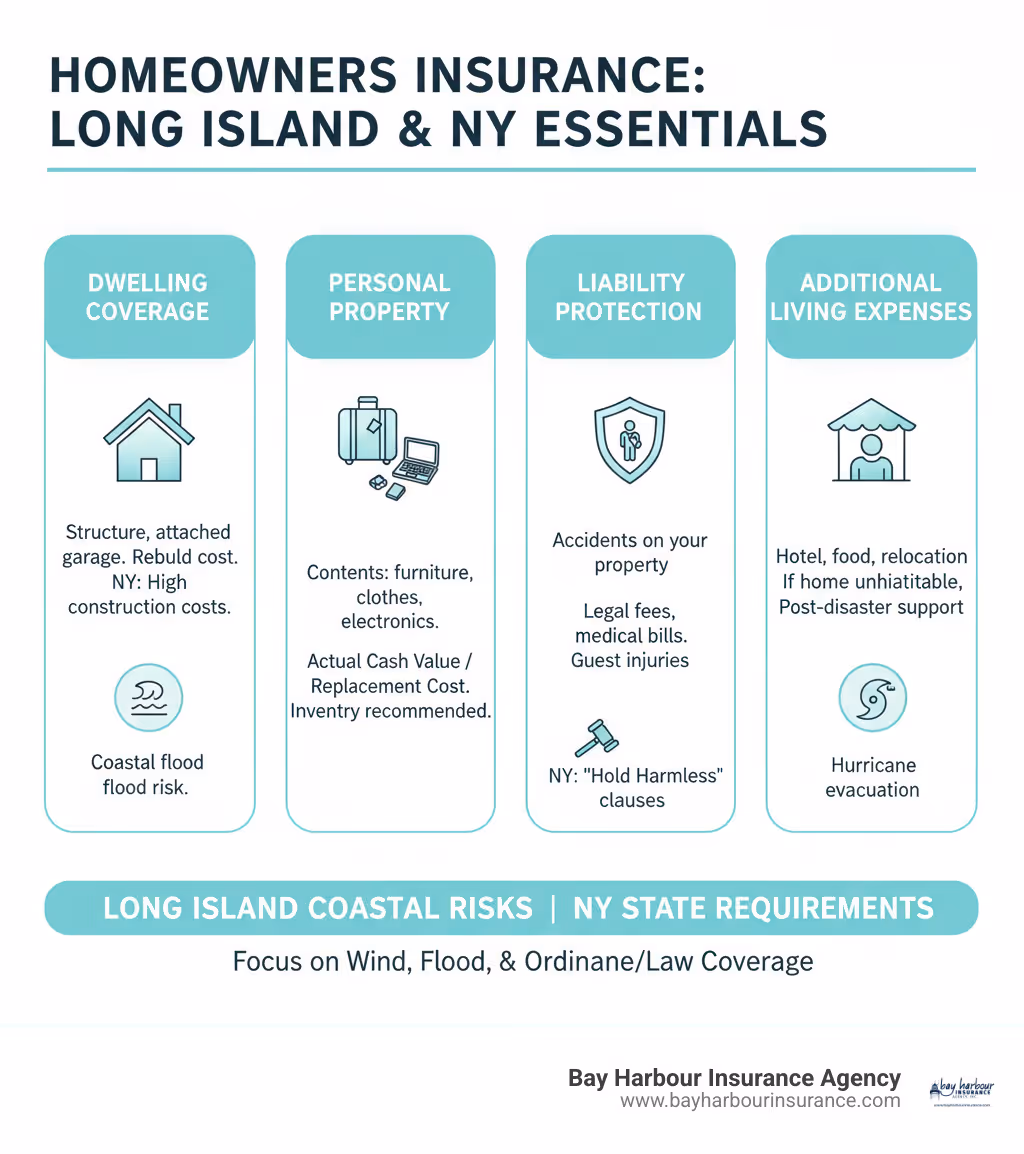 Comprehensive breakdown of homeowners insurance components showing dwelling coverage, personal property protection, liability coverage, and additional living expenses with specific considerations for Long Island coastal risks and New York state requirements - best affordable home insurance infographic 
