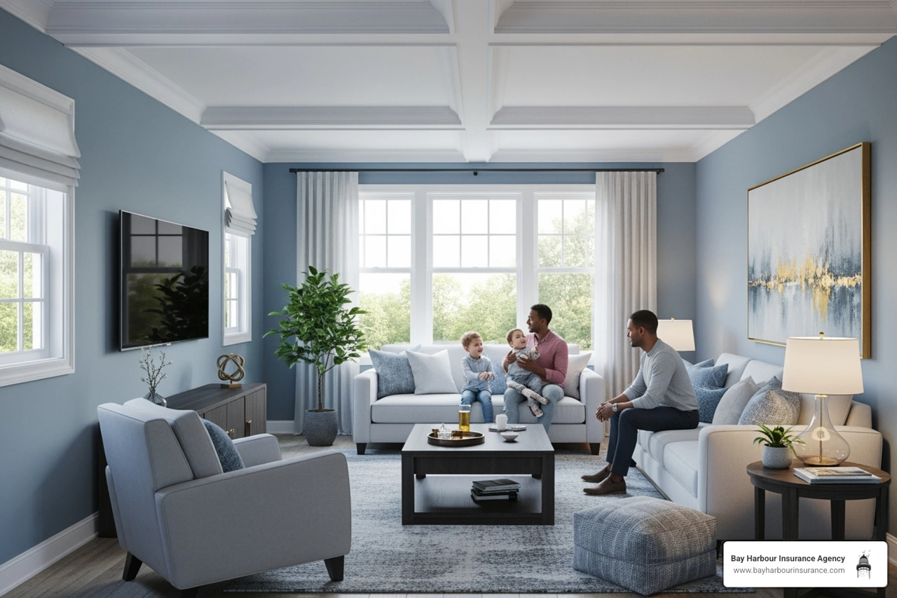 A modern, well-furnished living room in a Medford home, symbolizing valuable personal property