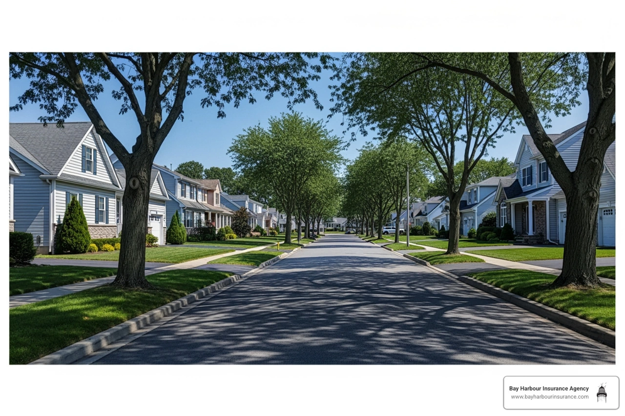 Peaceful residential street in Holtsville with mature trees and well-maintained homes
