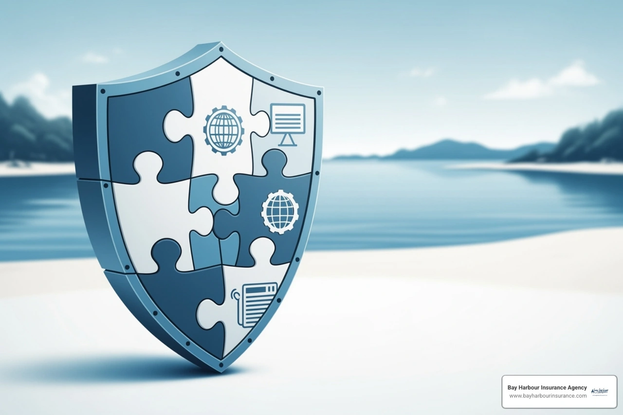 Puzzle pieces with labels like "Property Insurance," "Liability Insurance," "Business Interruption," "Cyber Insurance," and "Contingent BI" fitting together to form a complete shield. - what is business interruption insurance Puzzle pieces with labels like "Property Insurance," "Liability Insurance," "Business Interruption," "Cyber Insurance," and "Contingent BI" fitting together to form a complete shield. - what is business interruption insurance