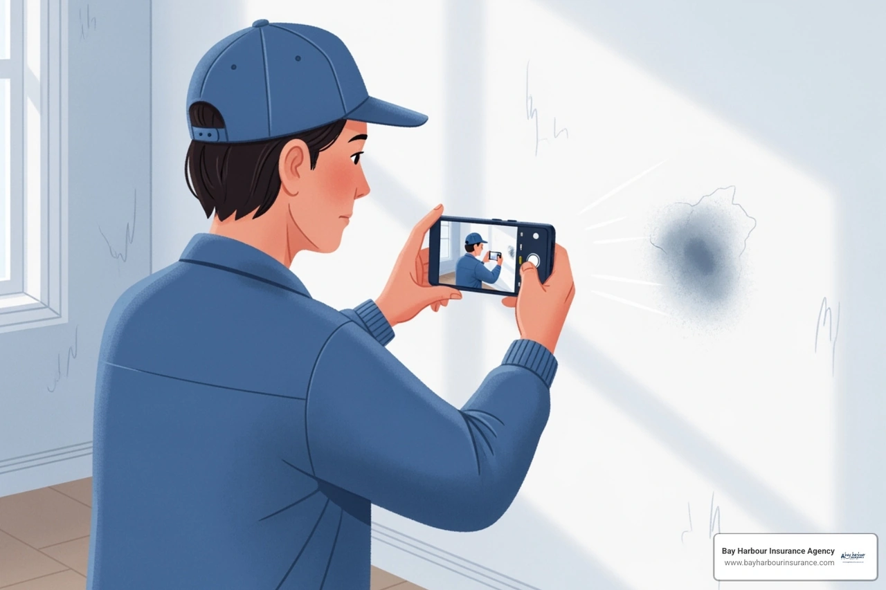 A homeowner taking a photo of mold damage with their smartphone - does homeowners insurance cover mold A homeowner taking a photo of mold damage with their smartphone - does homeowners insurance cover mold