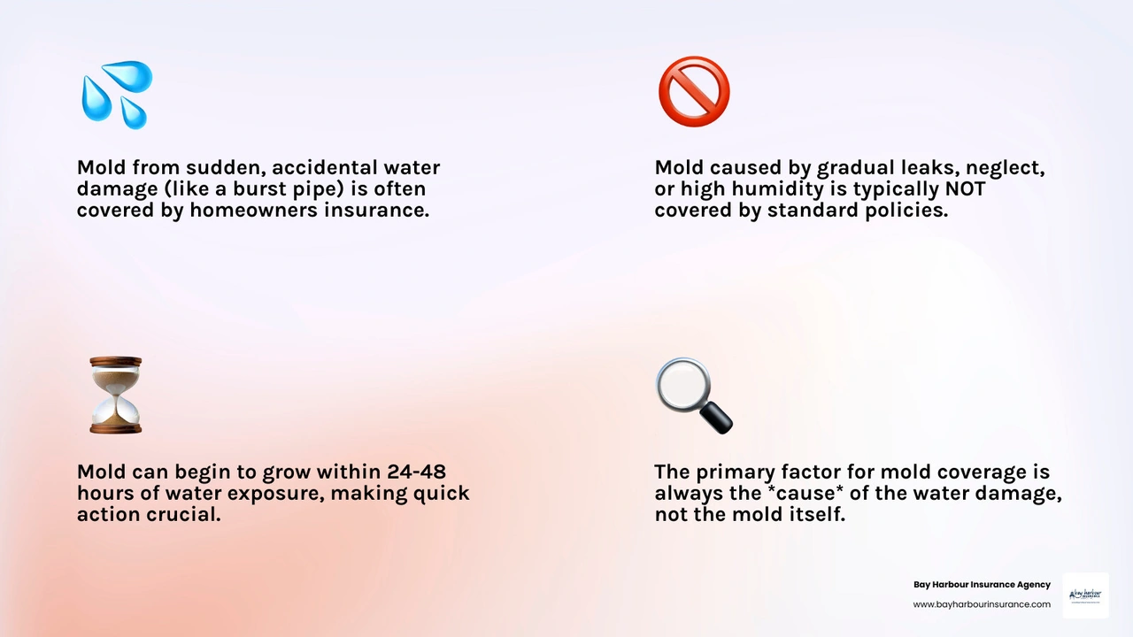 Infographic showing two scenarios: on the left, a burst pipe with water spraying (labeled "SUDDEN WATER DAMAGE - Often Covered") and on the right, a slow drip from a faucet over time (labeled "GRADUAL WATER DAMAGE - Often Not Covered"). The infographic includes a timeline showing mold can grow within 24-48 hours and emphasizes that the cause of moisture determines insurance coverage for Long Island homes. - does homeowners insurance cover mold infographic 4_facts_emoji_light-gradient Infographic showing two scenarios: on the left, a burst pipe with water spraying (labeled "SUDDEN WATER DAMAGE - Often Covered") and on the right, a slow drip from a faucet over time (labeled "GRADUAL WATER DAMAGE - Often Not Covered"). The infographic includes a timeline showing mold can grow within 24-48 hours and emphasizes that the cause of moisture determines insurance coverage for Long Island homes. - does homeowners insurance cover mold infographic 4_facts_emoji_light-gradient