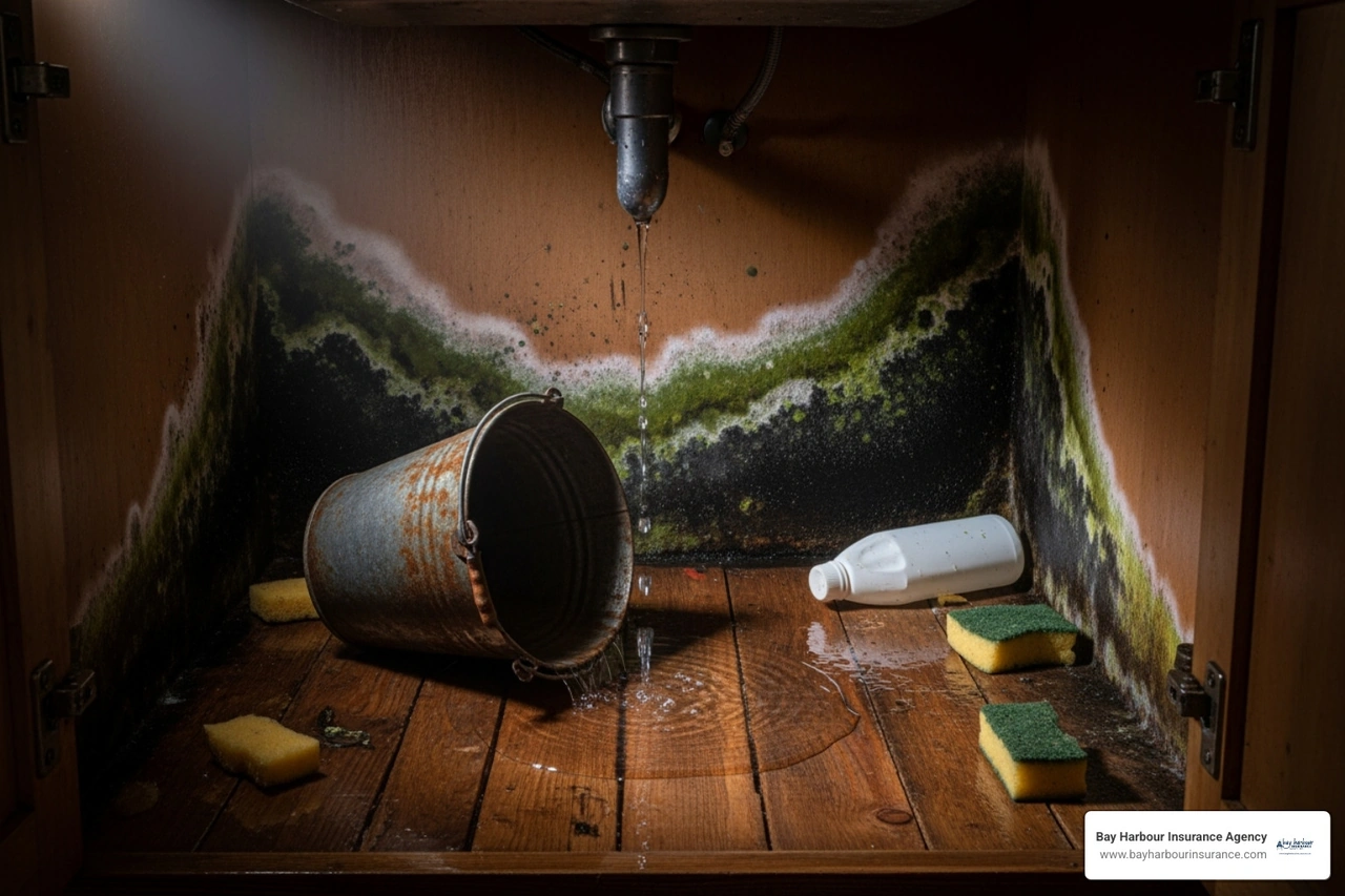 A slow leak under a kitchen sink with mold growth - does homeowners insurance cover mold A slow leak under a kitchen sink with mold growth - does homeowners insurance cover mold