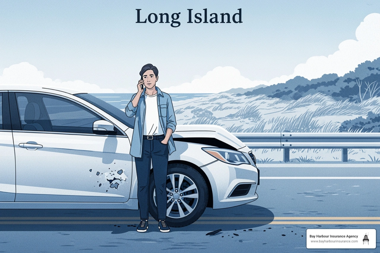 Driver on the phone after a car accident on Long Island - Uninsured motorist protection Driver on the phone after a car accident on Long Island - Uninsured motorist protection