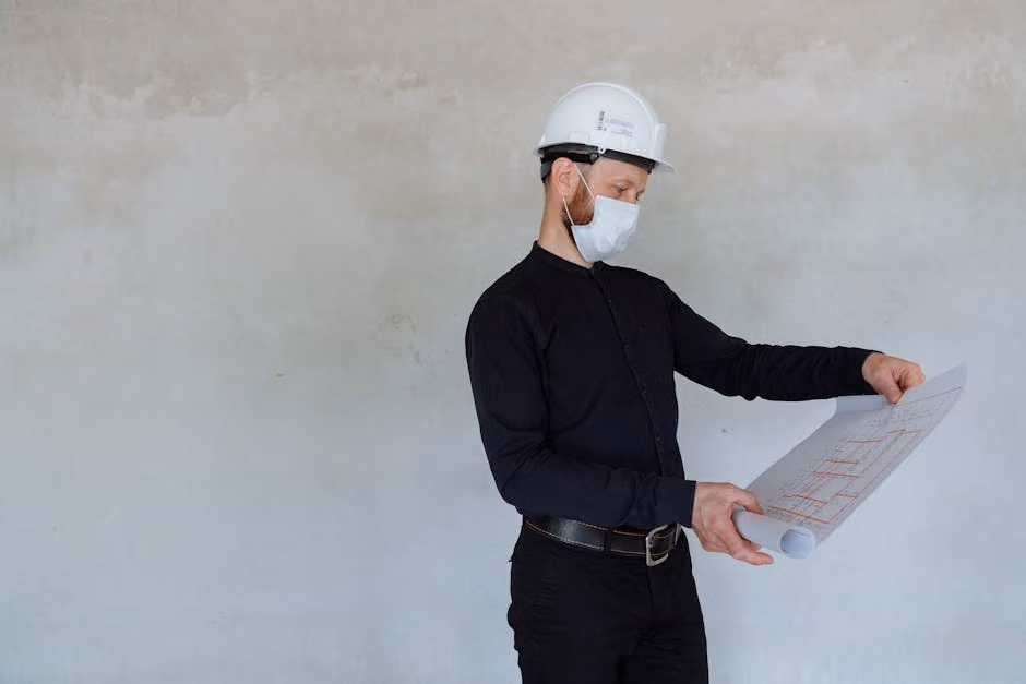 A construction worker reviewing blueprints for a home in Medford, NY - calculating home insurance A construction worker reviewing blueprints for a home in Medford, NY - calculating home insurance