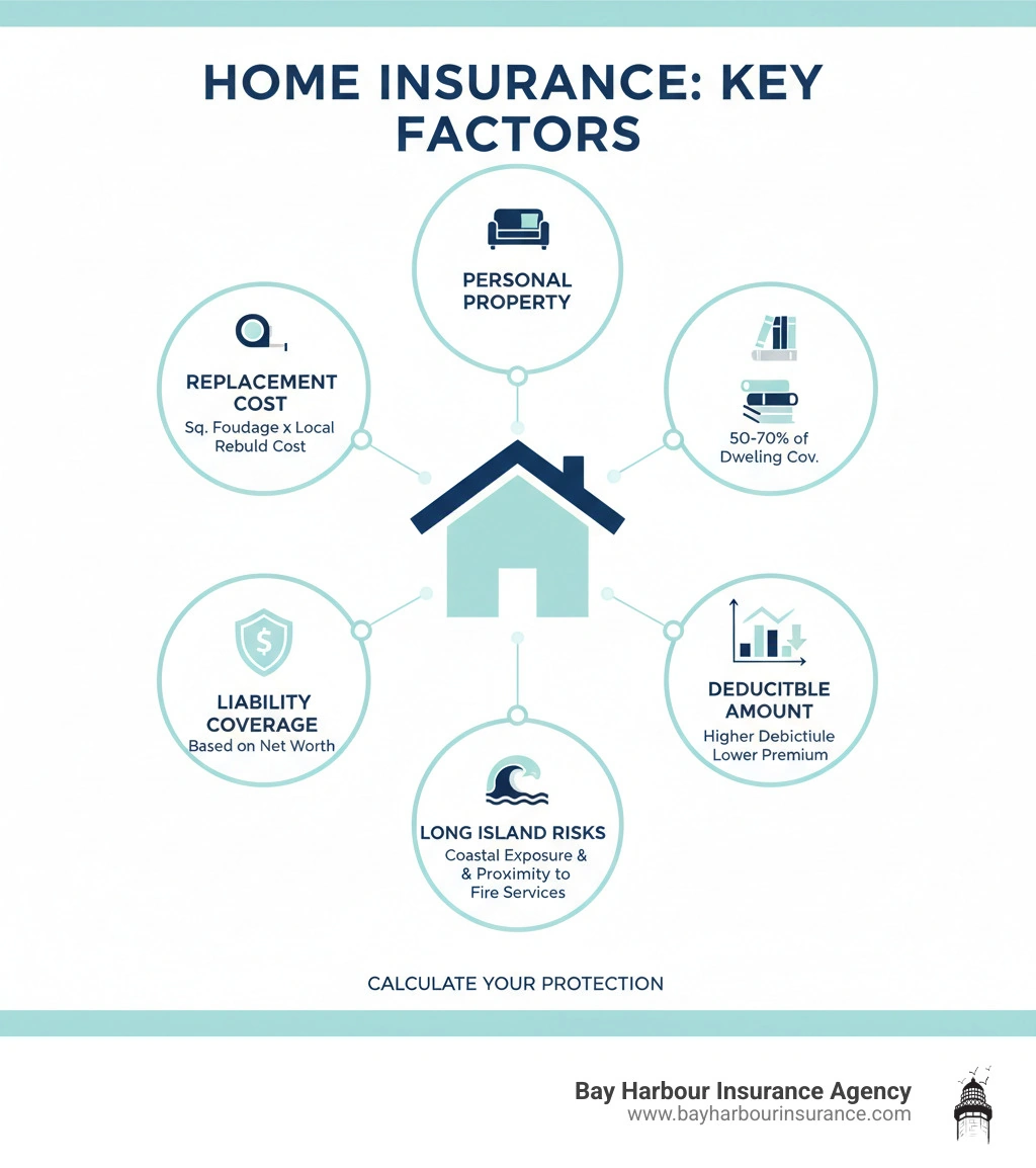 Infographic showing the key factors in calculating home insurance: home replacement cost calculation (square footage times local rebuild cost), personal property value (50-70% of dwelling coverage), liability coverage based on net worth, deductible amount impact on premium, and location-specific risks for Long Island including coastal exposure and proximity to fire services - calculating home insurance infographic Infographic showing the key factors in calculating home insurance: home replacement cost calculation (square footage times local rebuild cost), personal property value (50-70% of dwelling coverage), liability coverage based on net worth, deductible amount impact on premium, and location-specific risks for Long Island including coastal exposure and proximity to fire services - calculating home insurance infographic