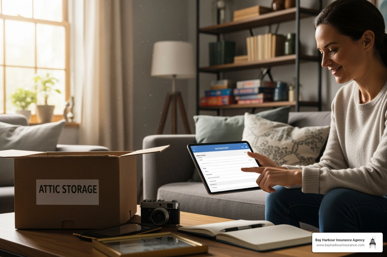A person using a tablet to create a home inventory in their living room - calculating home insurance A person using a tablet to create a home inventory in their living room - calculating home insurance