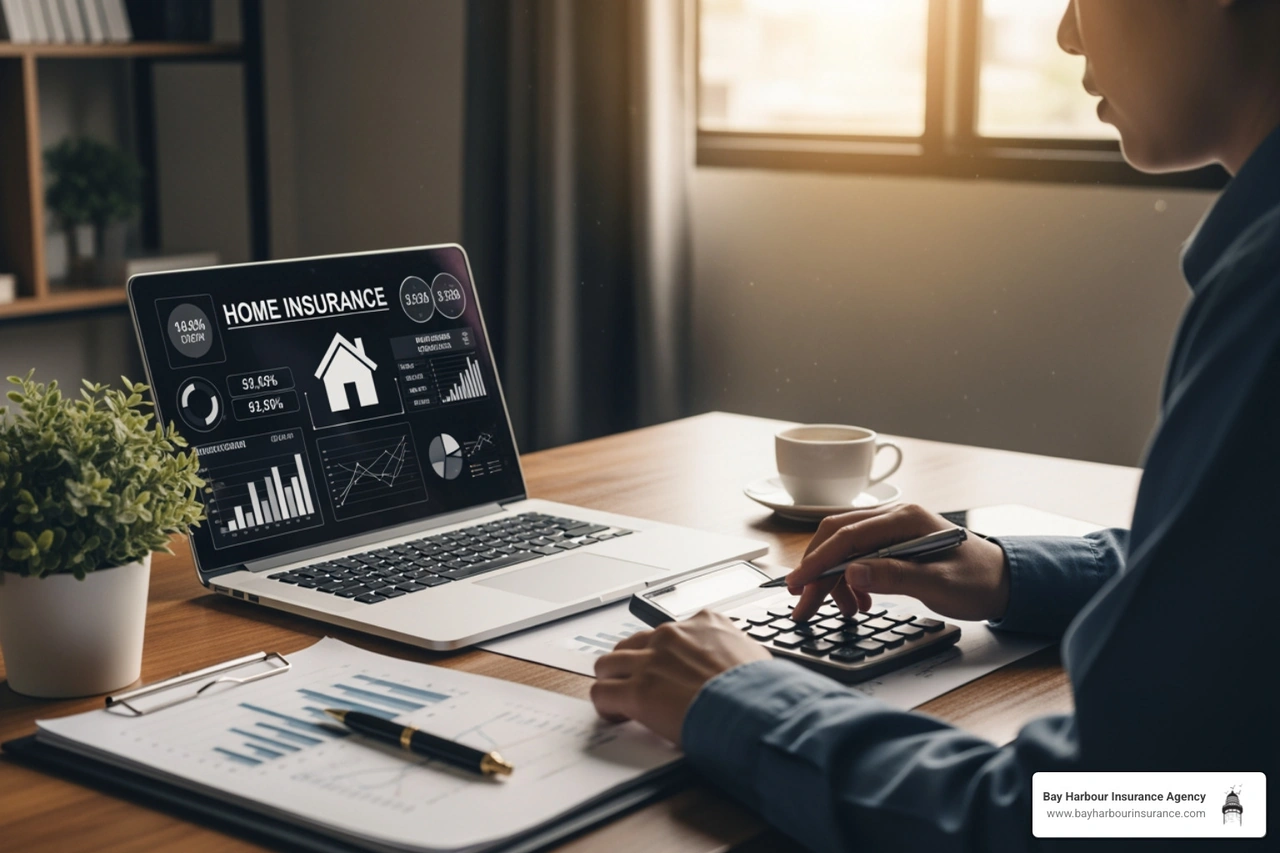 A magnifying glass over a home insurance policy document - calculating home insurance A magnifying glass over a home insurance policy document - calculating home insurance