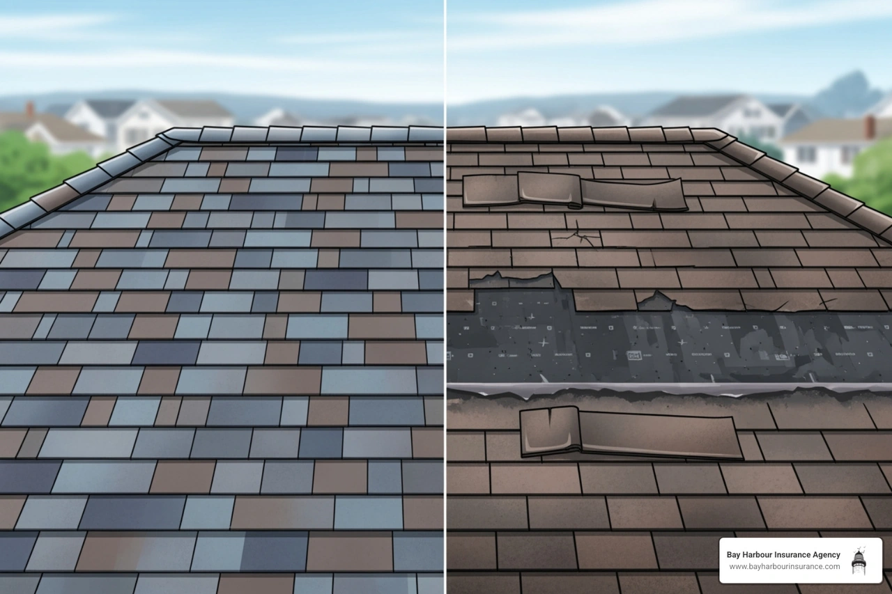 A split-screen showing a new roof vs. an old, damaged roof - calculating home insurance A split-screen showing a new roof vs. an old, damaged roof - calculating home insurance