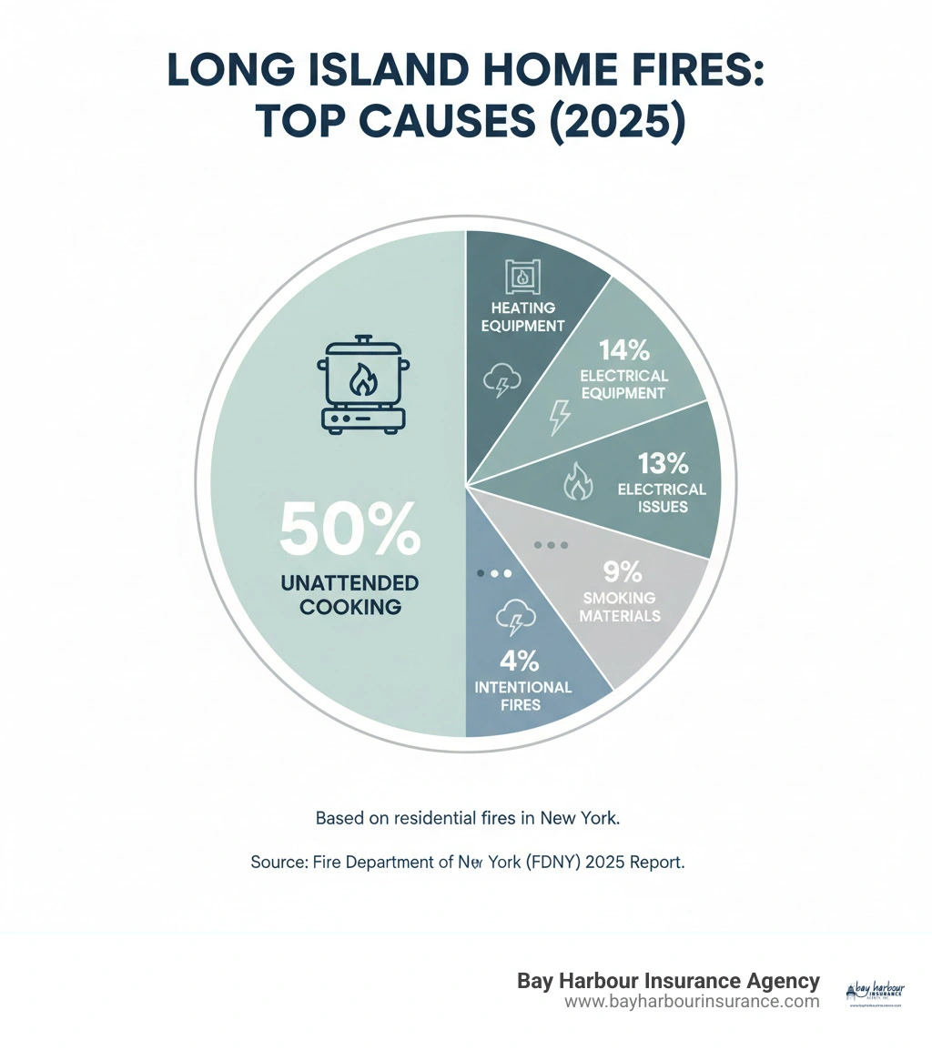 Infographic showing the top causes of house fires in New York including unattended cooking at 50%, heating equipment at 14%, electrical issues at 13%, intentional fires at 5%, smoking materials at 5%, lightning at 4%, and other causes at 9%, with specific statistics for Long Island residential areas - does homeowners insurance cover fire infographic Infographic showing the top causes of house fires in New York including unattended cooking at 50%, heating equipment at 14%, electrical issues at 13%, intentional fires at 5%, smoking materials at 5%, lightning at 4%, and other causes at 9%, with specific statistics for Long Island residential areas - does homeowners insurance cover fire infographic