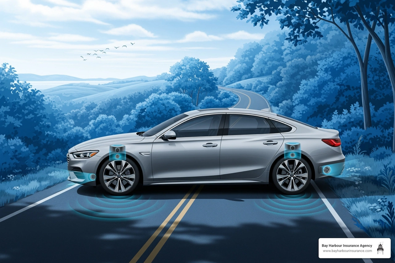 Modern car highlighting safety features - car insurance discount Modern car highlighting safety features - car insurance discount