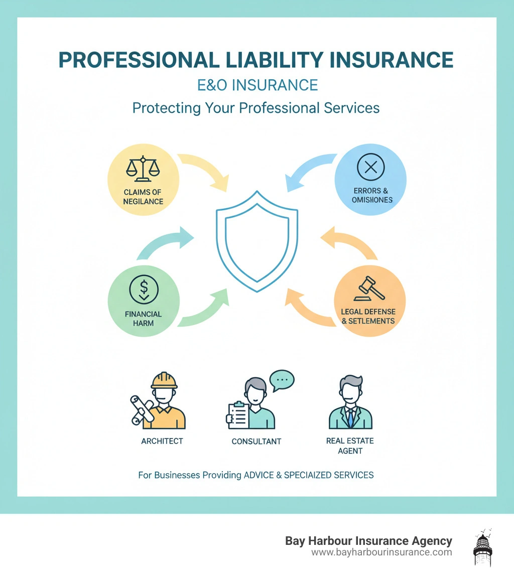Infographic showing E&O insurance protects against claims of negligence, errors, omissions, and financial harm from professional services, covering legal defense and settlements, with illustrations of various professionals like architects, consultants, and real estate agents. - errors and omissions insurance policy infographic Infographic showing E&O insurance protects against claims of negligence, errors, omissions, and financial harm from professional services, covering legal defense and settlements, with illustrations of various professionals like architects, consultants, and real estate agents. - errors and omissions insurance policy infographic