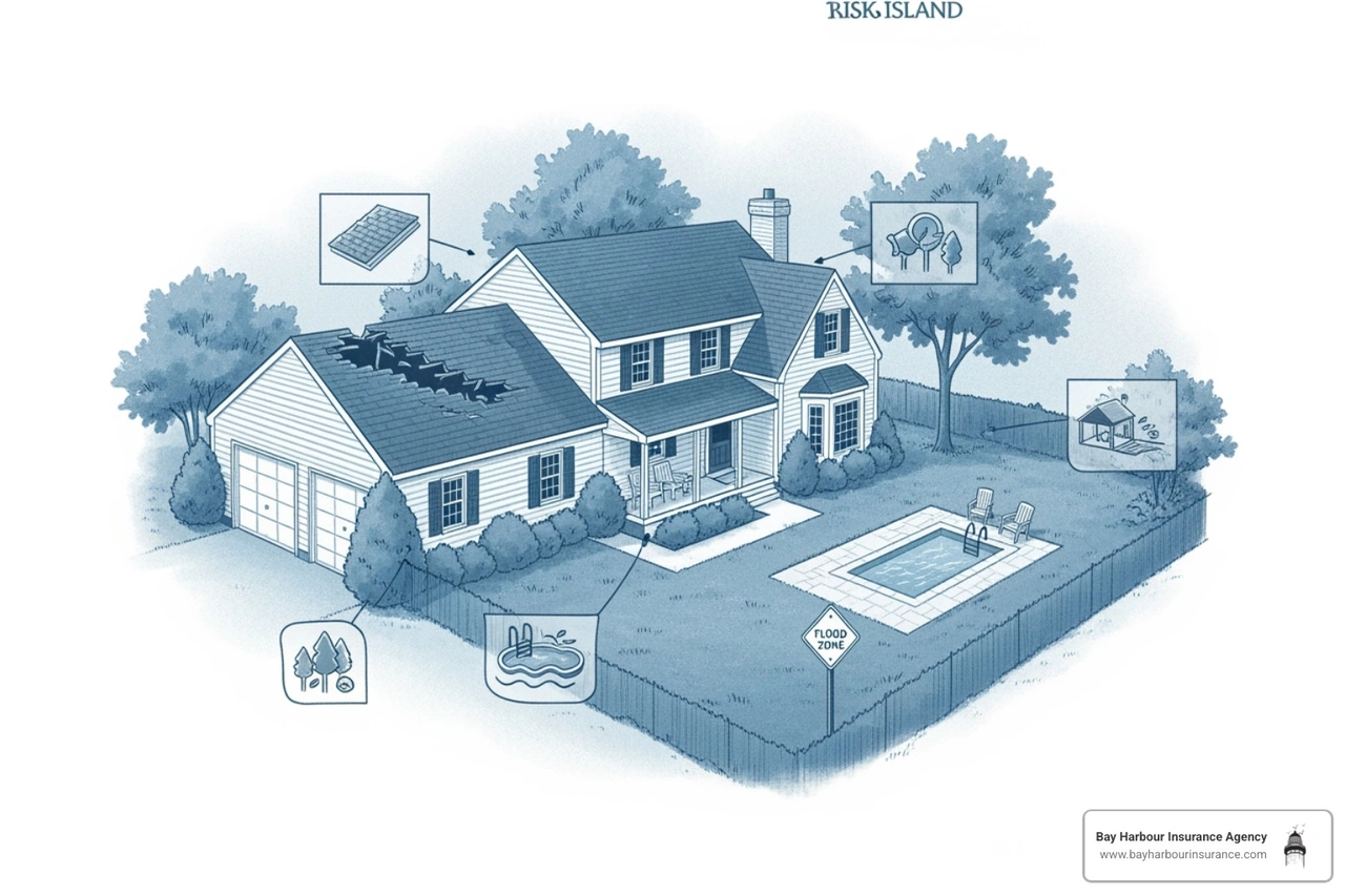 Illustration of a Long Island home with icons representing risk factors: a damaged roof, a swimming pool, and a flood zone sign. - instant home insurance quote Illustration of a Long Island home with icons representing risk factors: a damaged roof, a swimming pool, and a flood zone sign. - instant home insurance quote