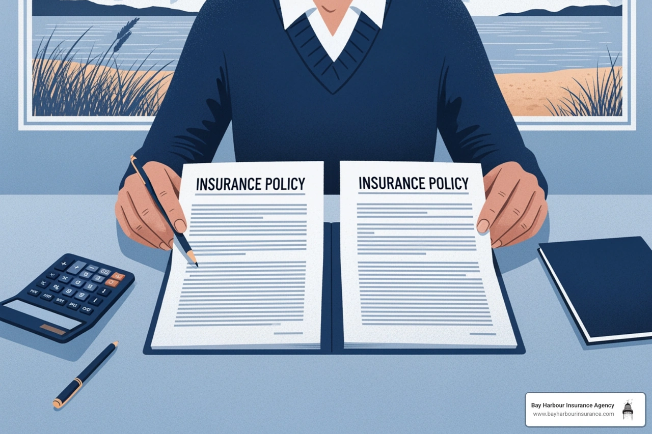 A person sitting at a desk with two policy documents open side-by-side, comparing details with a calculator nearby. - instant home insurance quote A person sitting at a desk with two policy documents open side-by-side, comparing details with a calculator nearby. - instant home insurance quote