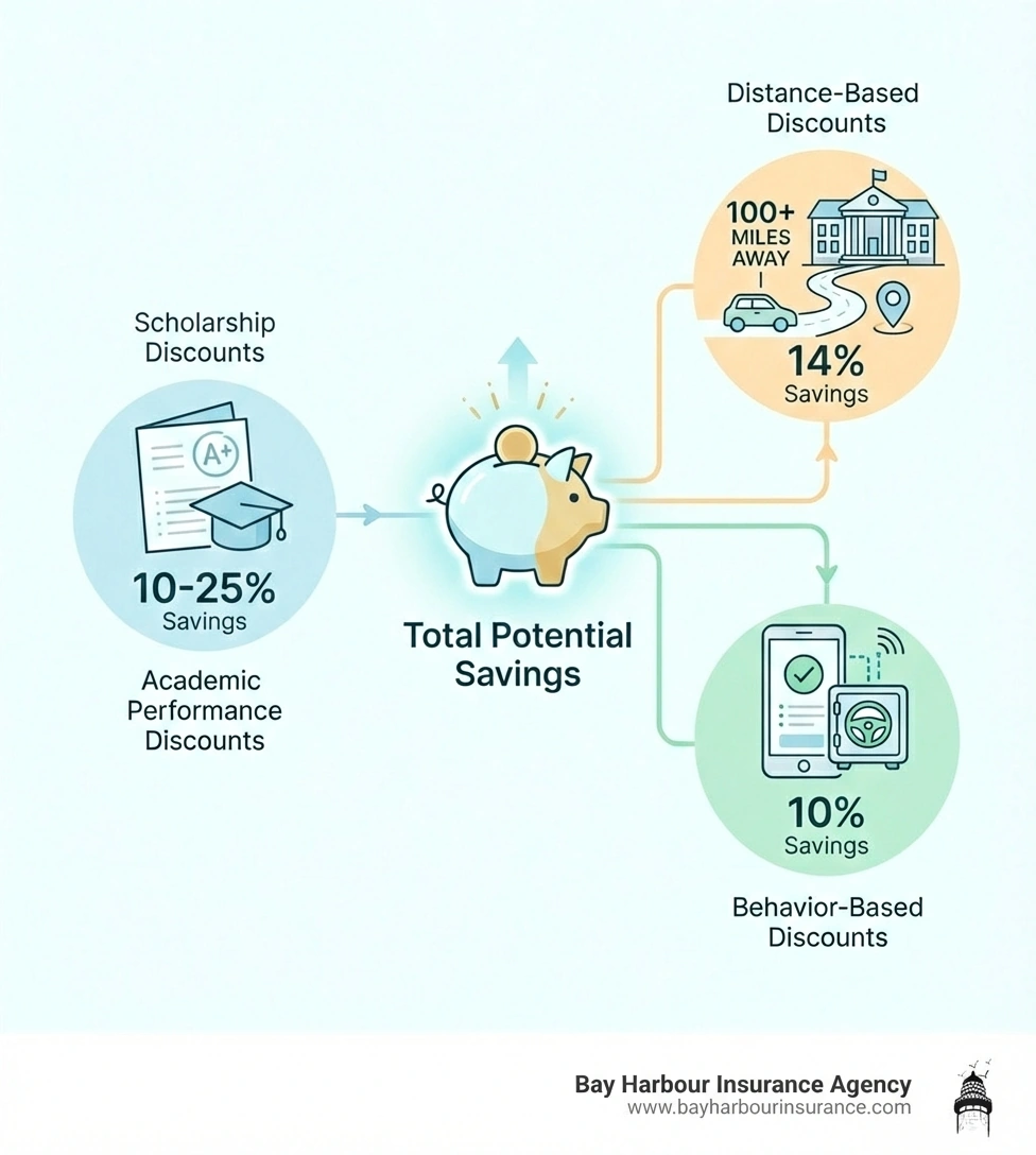 infographic showing three main categories of student car insurance discounts: Academic Performance Discounts showing a report card with 10-25% savings, Distance-Based Discounts showing a car and school building 100+ miles apart with 14% savings, and Behavior-Based Discounts showing a smartphone with telematics app and safe driving icon with 10% savings, all connected to a central piggy bank icon representing total potential savings - car insurance student discount infographic infographic showing three main categories of student car insurance discounts: Academic Performance Discounts showing a report card with 10-25% savings, Distance-Based Discounts showing a car and school building 100+ miles apart with 14% savings, and Behavior-Based Discounts showing a smartphone with telematics app and safe driving icon with 10% savings, all connected to a central piggy bank icon representing total potential savings - car insurance student discount infographic